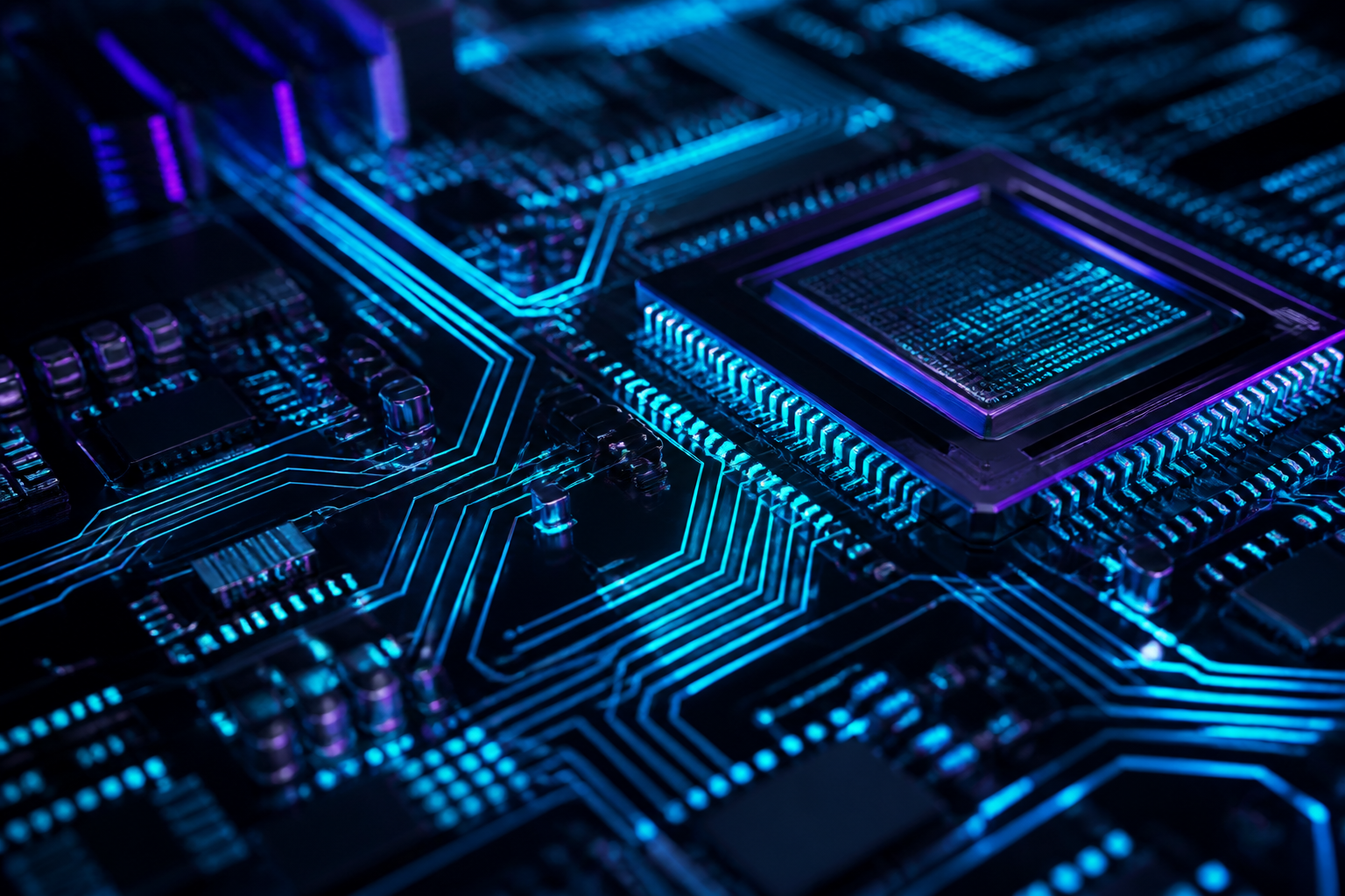 Circuit board pathways with cyan lighting
